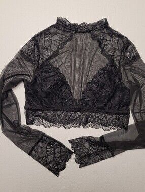 Black Sheer Lace Bralette Top Womens L Goth Whimsigoth Coquette Fairy Grunge